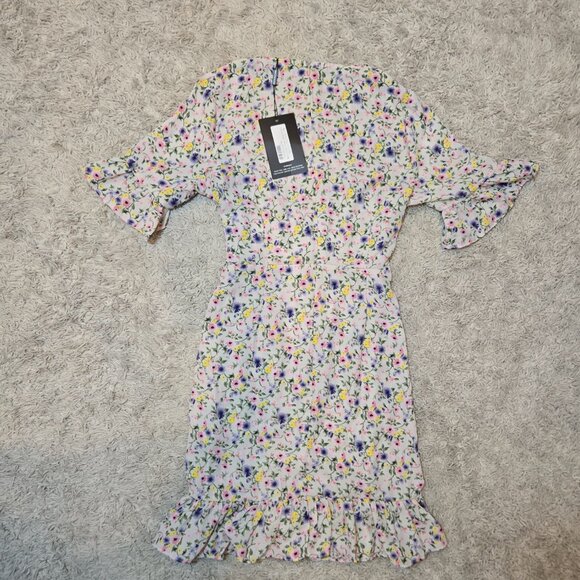 Pretty Little Thing Floral Print Corset Waist Ruffle Hem Mini Dress Stone Size 2 - Picture 4 of 10